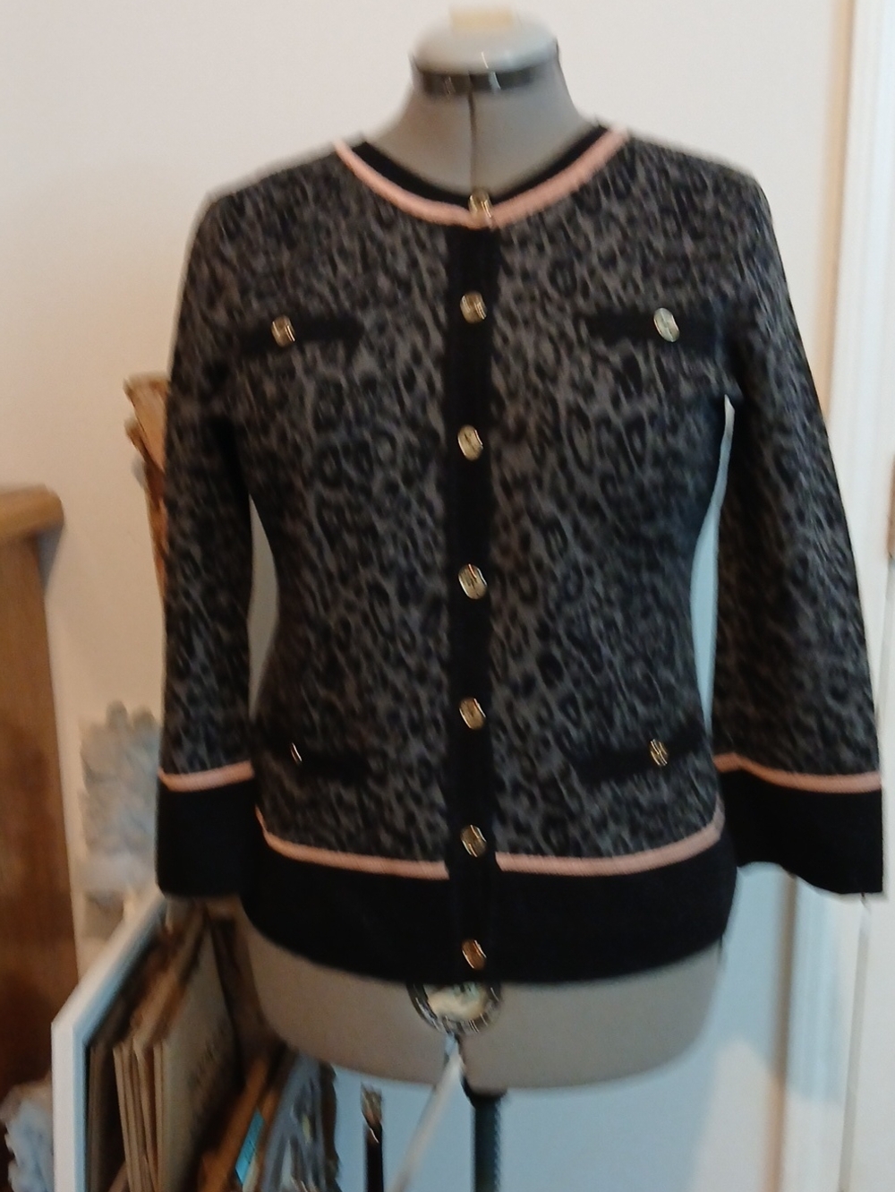 Karl Lagerfeld Black and Gray Leopard-Print Blazer with Pink Trim